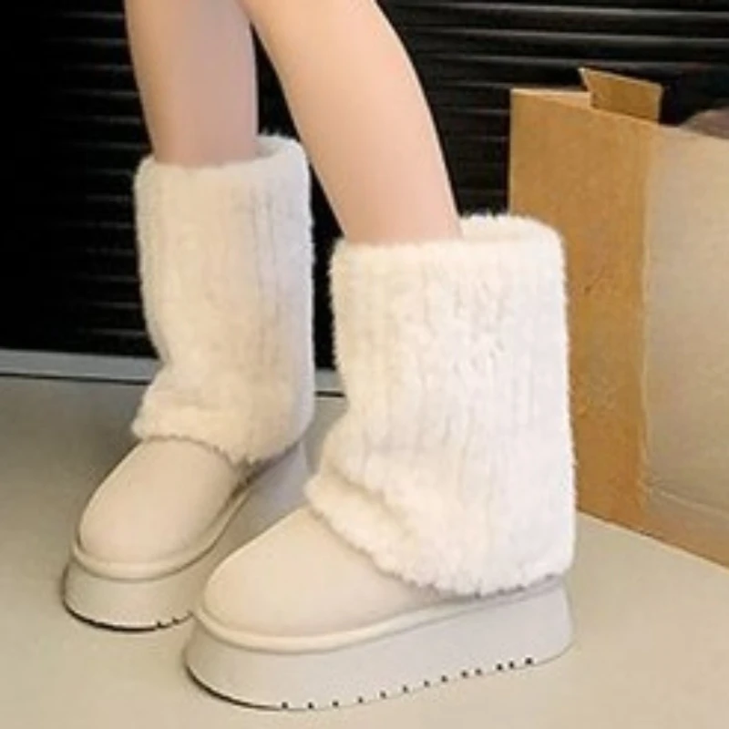 Womens winter new style fashion fur designer retro solid color walking boots 2024 outdoor slip-on casual warm women snow boots