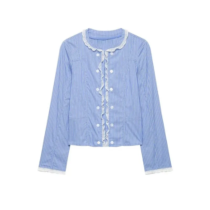 Women's Autumn Slim-Fit Long-Sleeve Top with Lace-Trim Stripes, Comfortable and Casual, Simple and Stylish, Perfect for Dates