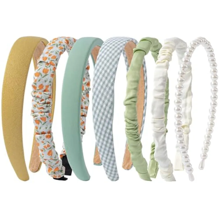 

7 Pack Green Headbands for Women Girls Non Slip Floral Padded Hairbands Cute Pearl Head bands Wide Headbands Trendy Hair Access