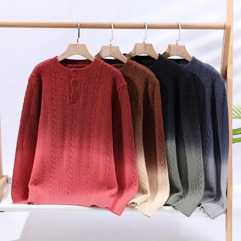 men's autumn winter long sleeves knit sweater round neck button new model gradient keep warm pullover leisure fashion trend tops