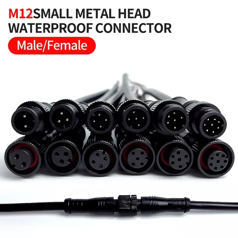 

5/20Pcs M12 Small Metal Head Waterproof 2 3 4 5 6 8Pin IP68 Cable Wire Plug for LED Strips Male and Female 20cm Connector