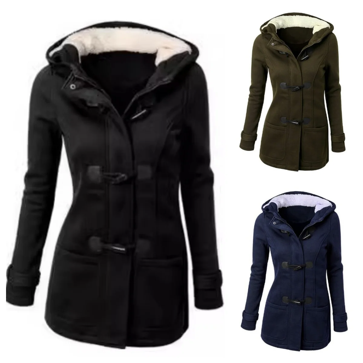 Selling Amazon Hooded Classic Cow Horn Button Jacket Cotton Coat Women Autumn Winter Parkas Fashion Outerwear
