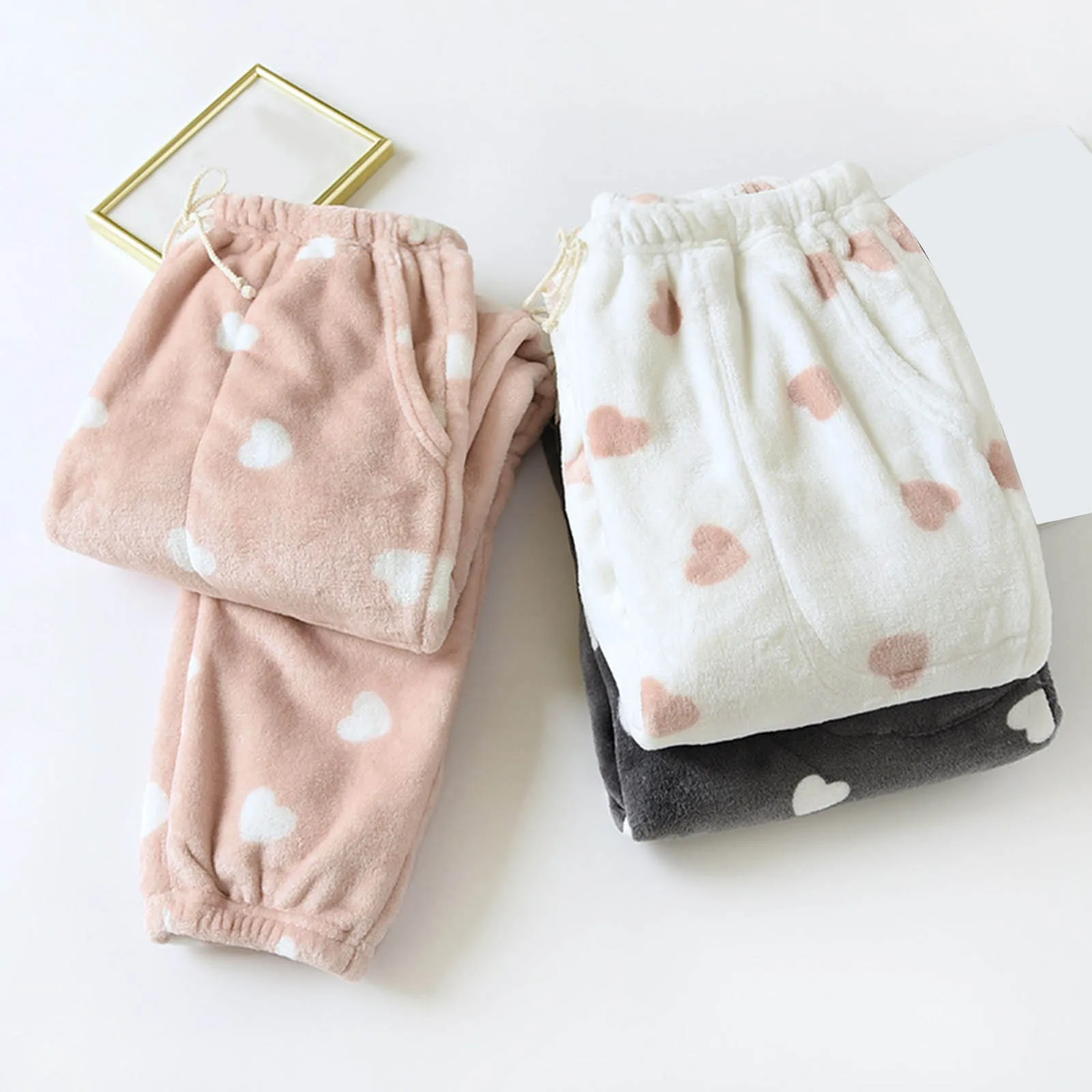 Homewear Soft Comfortable Flannel Pajamas Pants Autumn Winter New Pink Heart Print Girls Sleepwear Thickened Thermal Pants