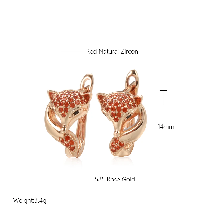 Kinel Hot Classic Fox Earrings For Women 585 Rose Gold Color With Red Natural Zircon High Quality Daily Fine Animal Jewelry