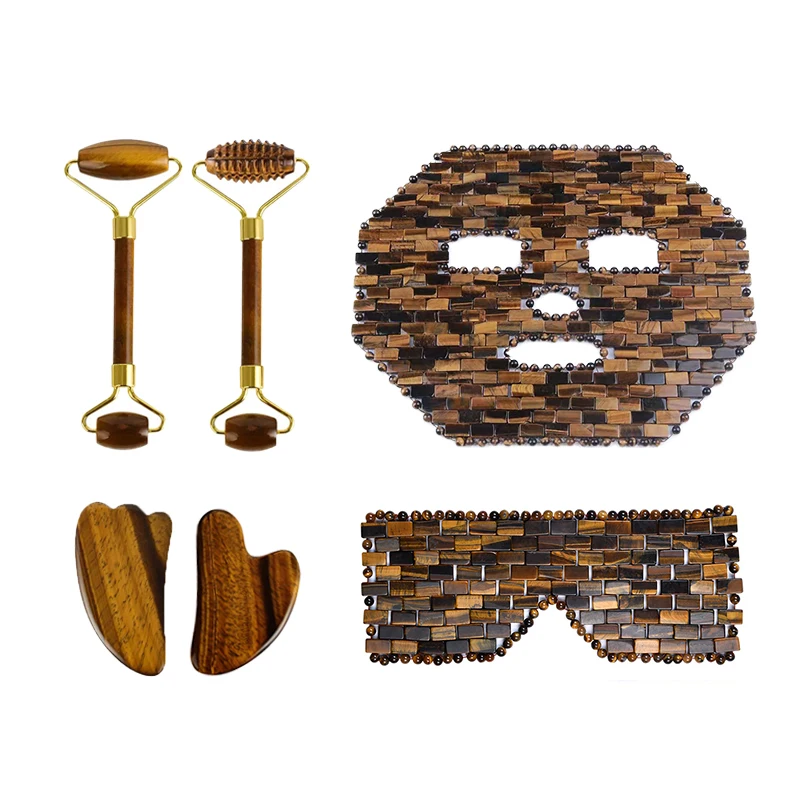 Natural Tiger's Eye Jade Facial Mask Gouache Scraper Roller Massager GreenJade Guasha Cold Therapy Anti Aging Jade Mask Beauty