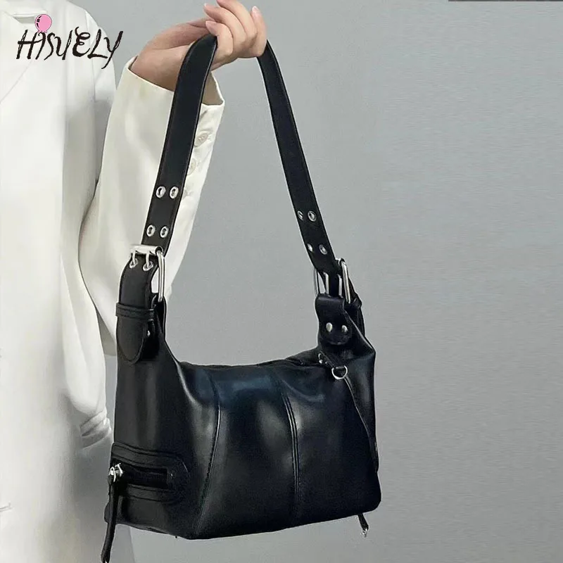 

Retro Shoulder Bags for Women Small Clutch Cool Drag Style Single Tote Underarm Bag Design Leather Zipper Single Hobo Handbag