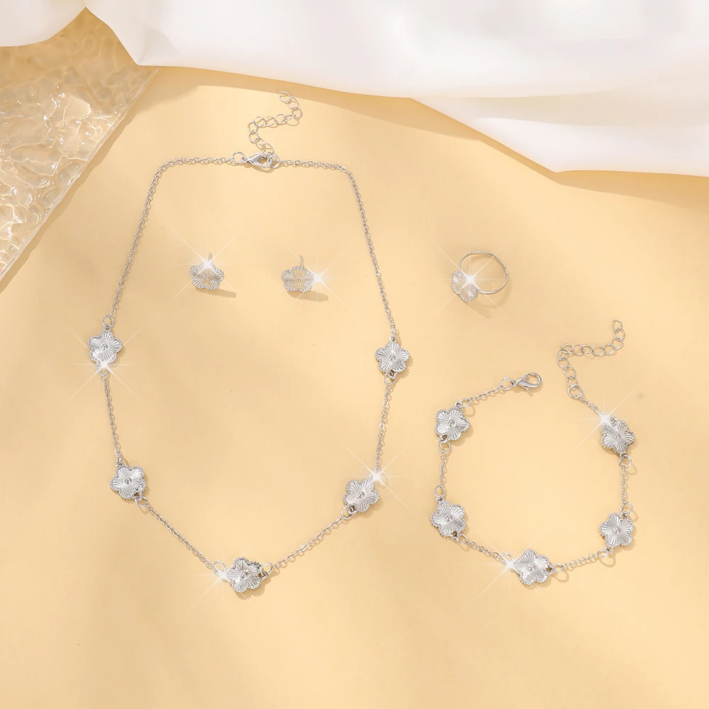 5 Piece Set Fashionable Elegant Rhinestone flower Shaped Decorative Jewelry Earrings Necklaces Bracelets Ring Combinations