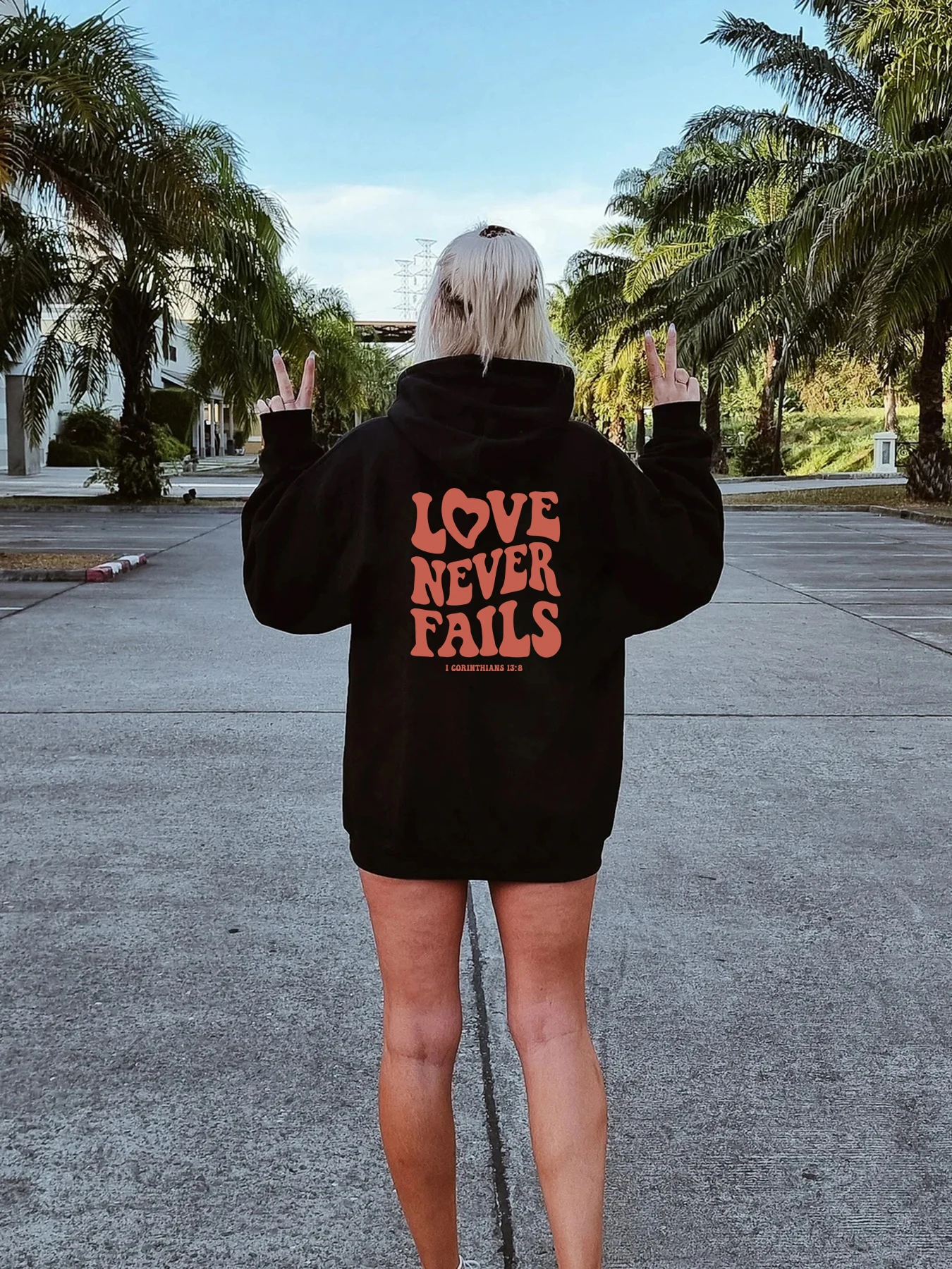 LOVE NEVER FAILS Slogan Letters Printed Loose Fleece Casual Hoodies Black Women's Clothing