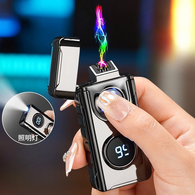 

Windproof Double Arc Flameless Electric Metal Lighter Type C Rechargeable with Flashlight Digital Display Power Outdoor Lighter