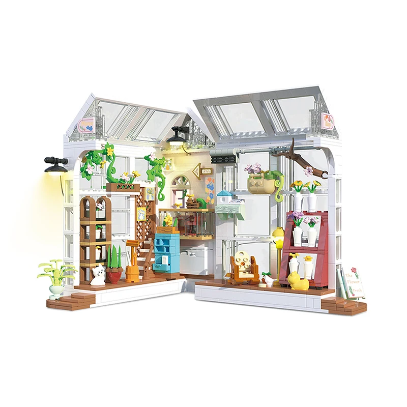 Sujetalibros de construcción de paisaje urbano con Kit de tira de luz, librería de micropartículas, tienda de flores de café, juguete de ensamblaje para regalos de niños