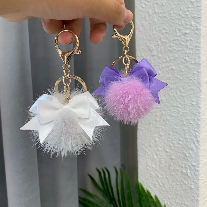 Romantic Plush Bow Keychain Soft Cute Ball Key Chain Lovely PomPom Pendant Keyring For Women Girls Schoolbag Car Trinket Gifts