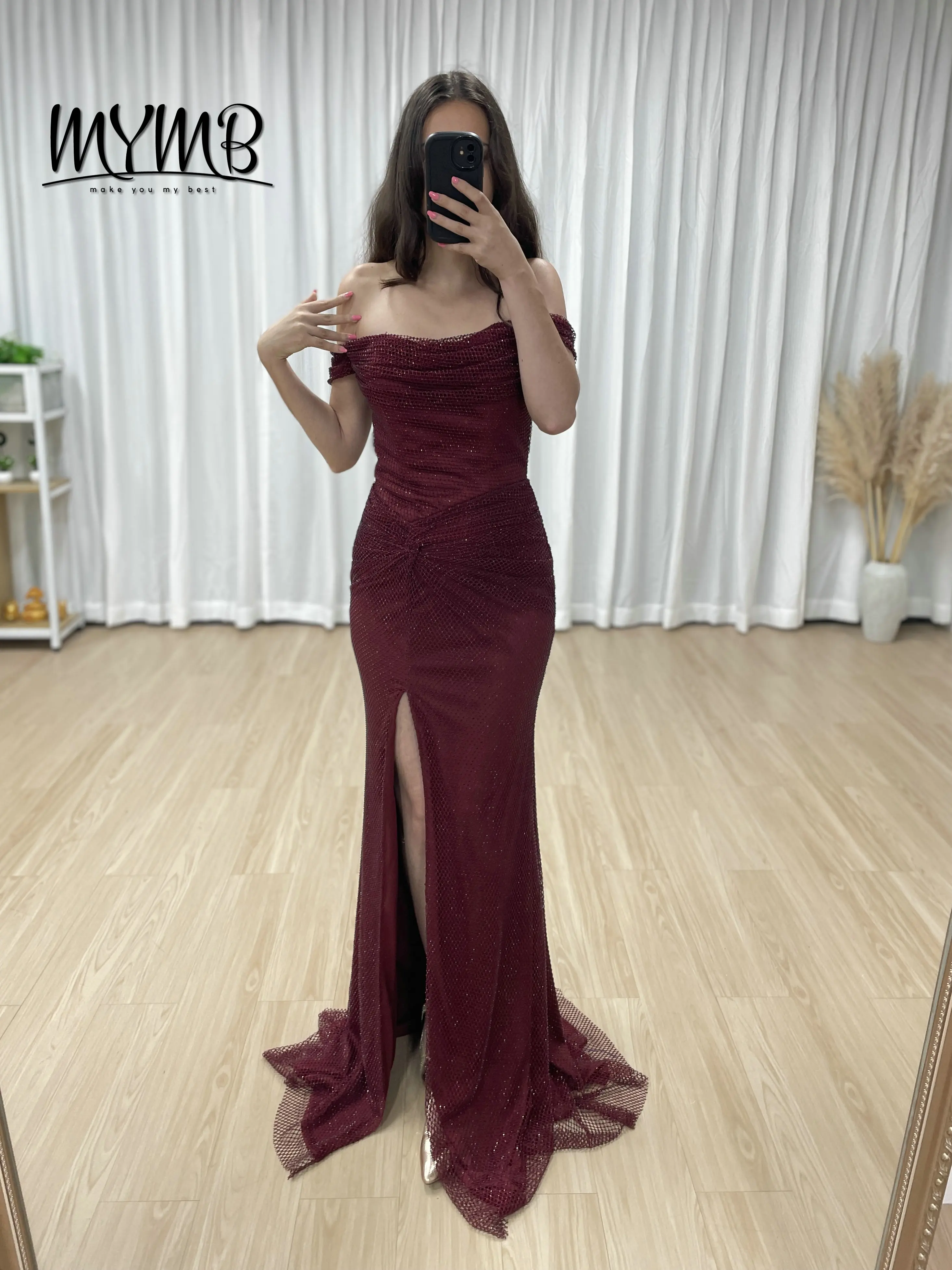 MYMB Unique Pleated Waist Elegant Off the Shoulder Sexy High Slit Evening Gown for Birthday Wedding Graduation Parties MB40410-2