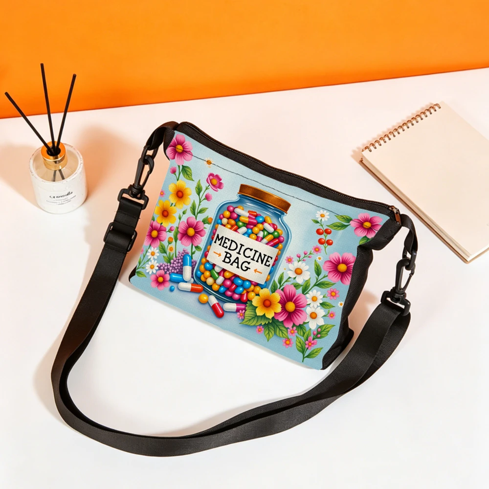 1pc Medicine Bag Crossbody Bag Light Blue Floral And Pill Jar Print Shoulder Bags For Women Casual Daily Use Fashion Accessory