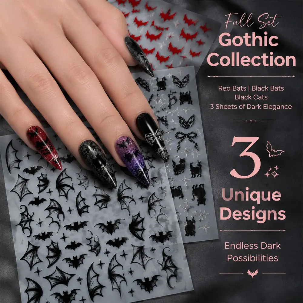 1Pc Punk Dark Witch Nail Decals Glitter Red Bat Silhouette Black Lace Bow Waterproof Single Sheet Self Adhesive Sticker