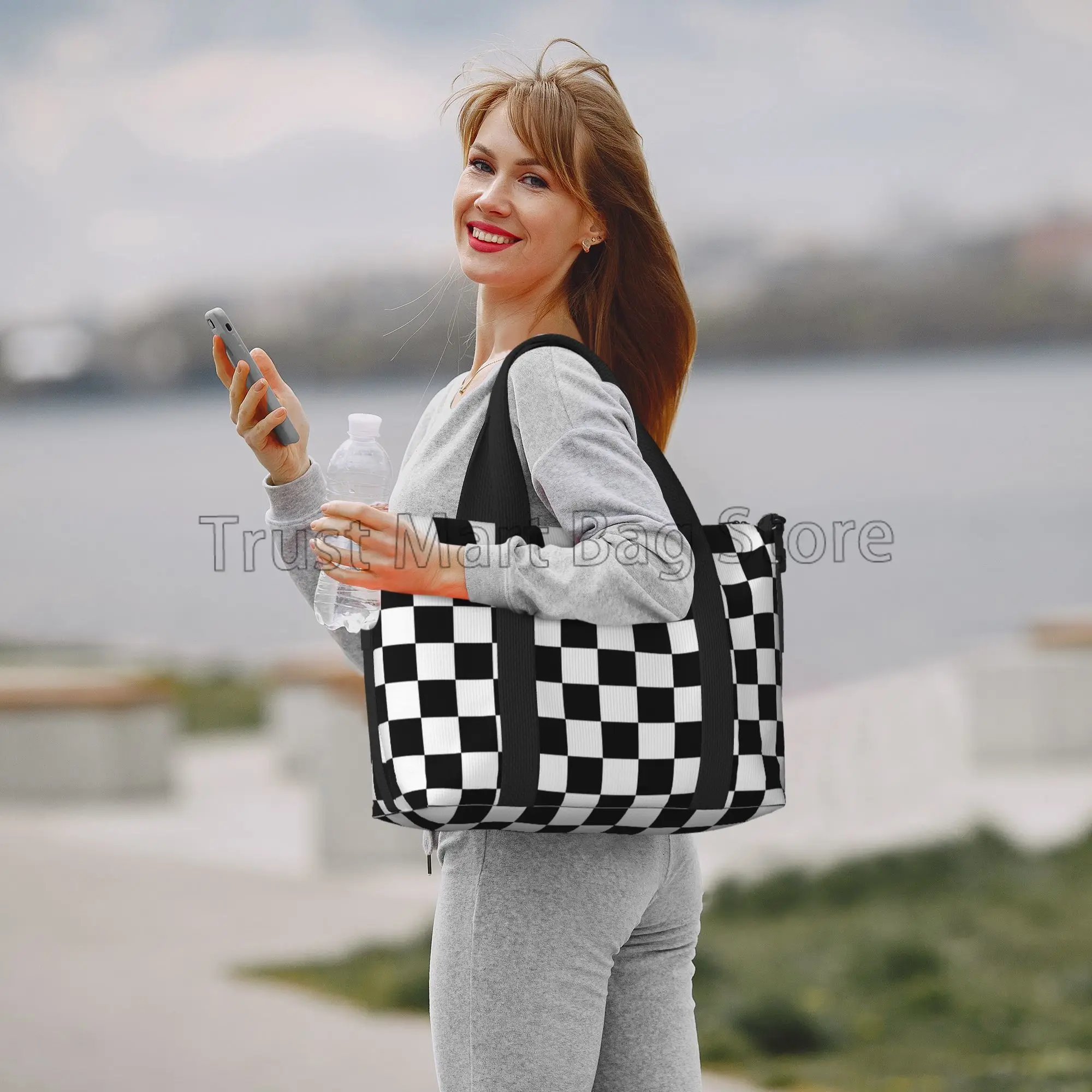 Black White Racing Checkered Print Travel Tote Bag Multipurpose Waterproof Weekender Bags Sports Gym Yoga Casual Luggage Bag