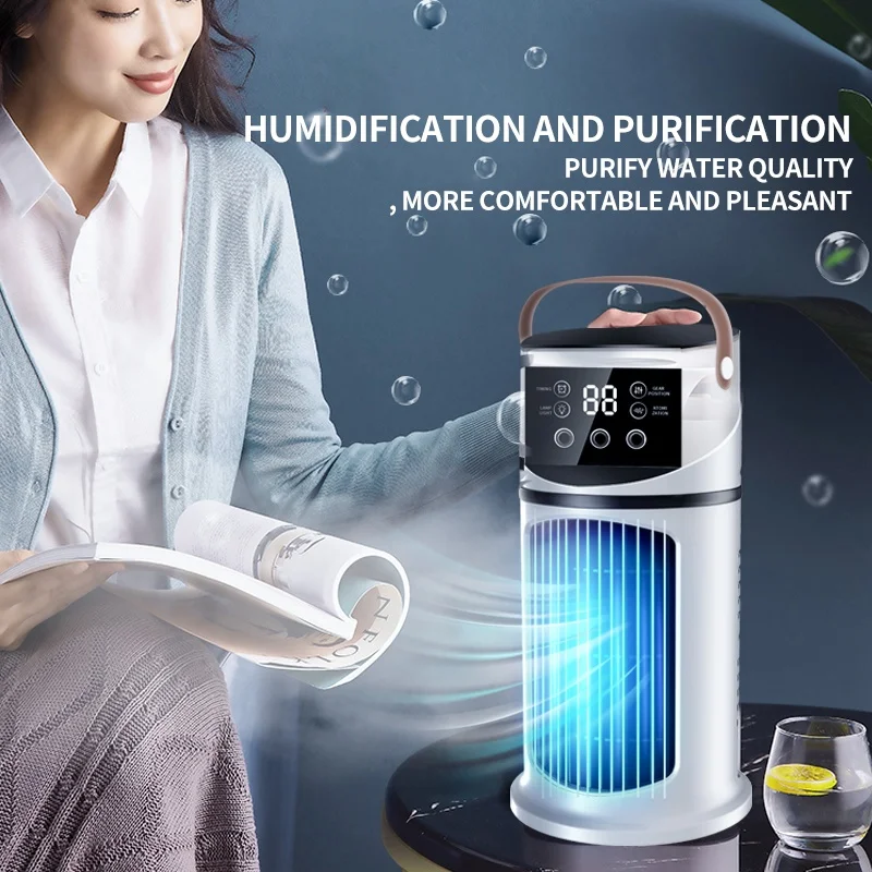 Portable Air Cooler Fan Humidifier with 1-9 Adjustable Wind Speed 1-8 Hour Timing LED  Light 3-Hole Spray for Home  Office