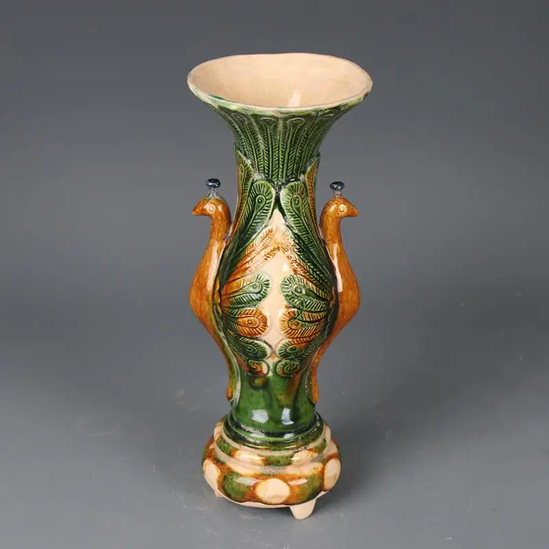 Tang Sancai Tri-color Peacock Vase Chinese Tang Dynasty Pottery Ceramic Bottle Home Decor Collectible Ornament
