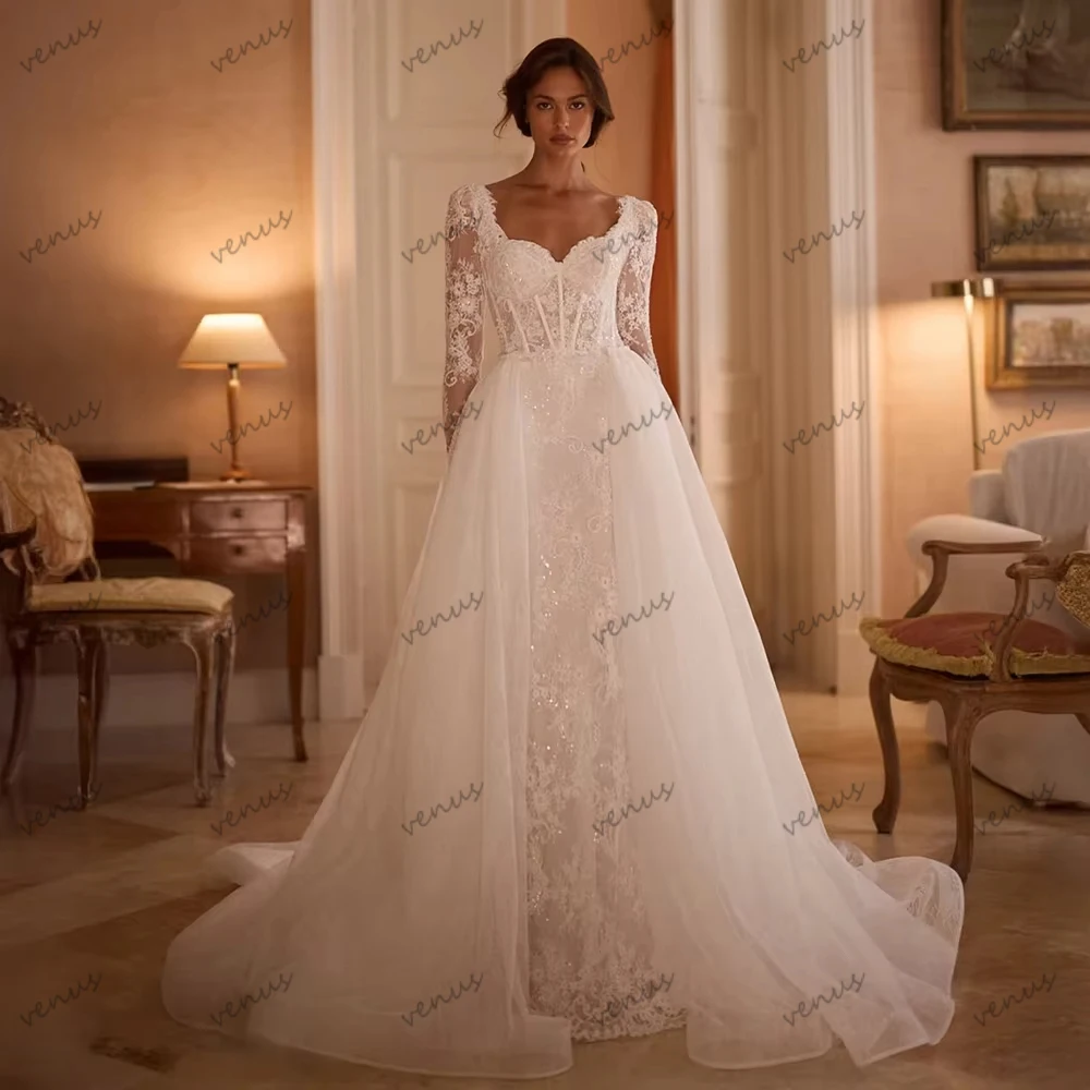 

Exquisite Wedding Dresses A Line Tulle Tiered Bridal Gowns Lace Appliques Full Sleeves Robes Customized Vestidos De Novia 2026