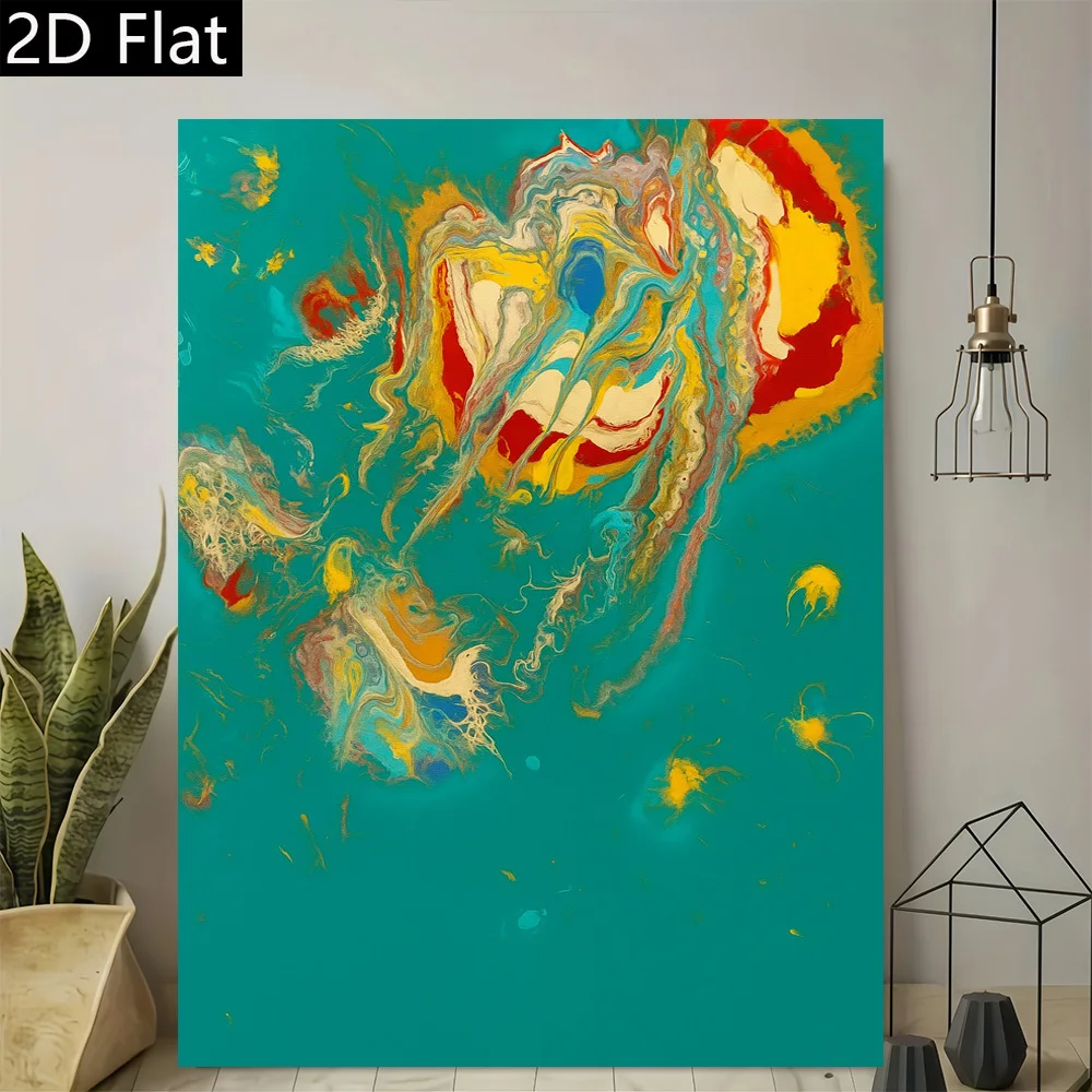 ملصق فني سائل تجريدي بدون إطار مكون من قطعتين مسطحًا، قطعة واحدة - أزرق فيروزي، أصفر، أحمر، أسود، أبيض، لوحة ريترو حديثة ذهبية - Hig