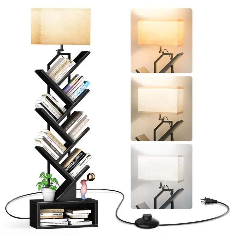 

6Tier Tree Book Shelf with LED Light, SteelampWood Bookshelf with Storage Cabinet, Narrow Tall Bookcase with 3CCT Bulb, Small B