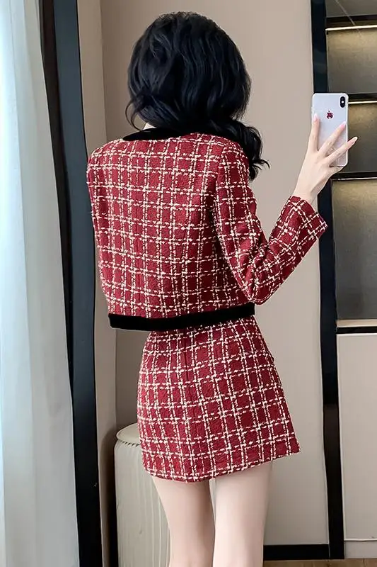 High Quality Red Plaid Tweed Jacket Coat Skirt Two piece Sets Women Autumn New Bow Crop Tops + A Line Mini Skirt Suits