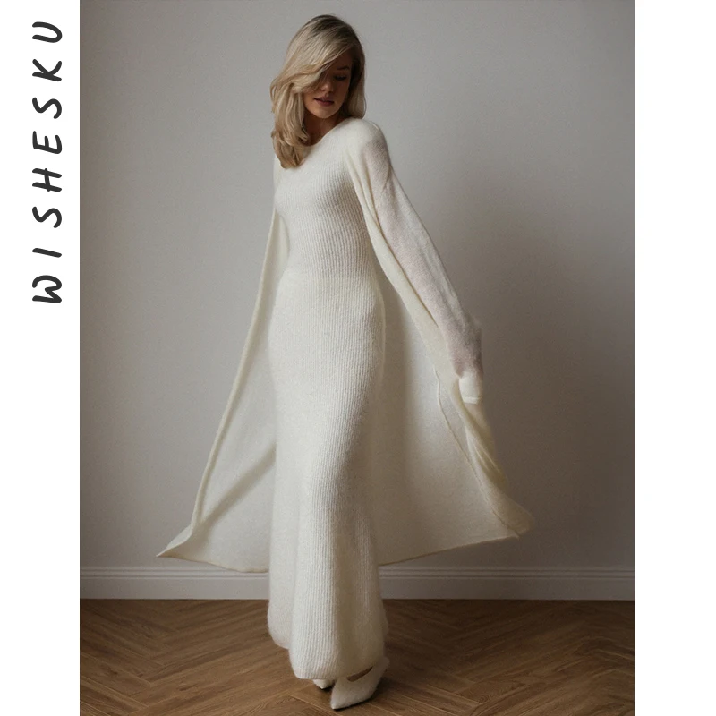 

Women's Fashion Elegant Two Piece Solid Color Lazy Style Long Sleeve Knitted Sweater Slimming Strap Long Dress Set