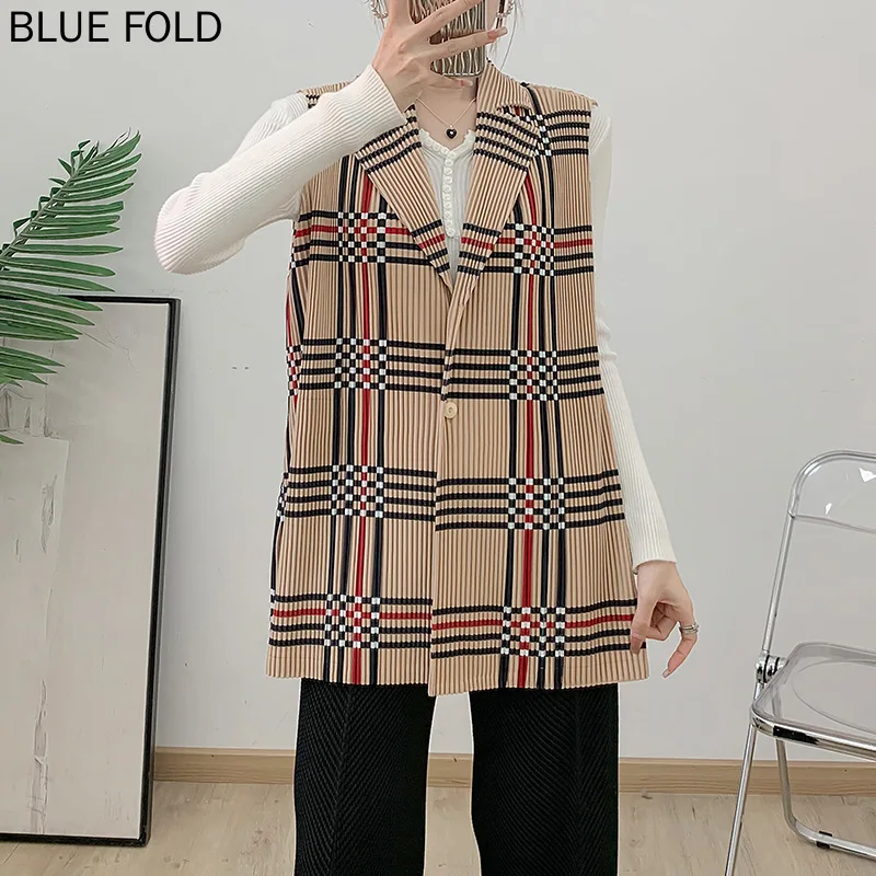 MIYAKE-Checkered Printed Vest for Women, Mid Length Cardigan, Sleeveless Top, Suit Collar, Spring