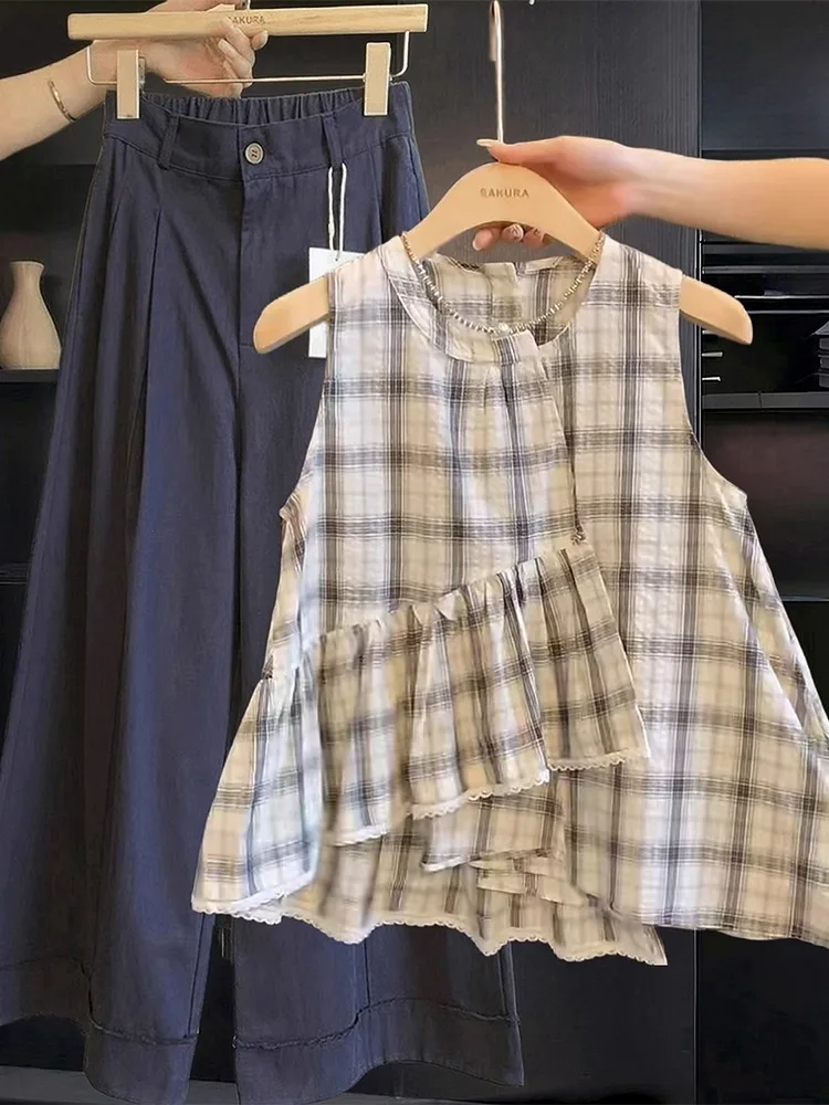 Été mince Plaid irt femmes Svel rond Ne gilet haut Faionable Agel coréen Sle trajet vent coupe ample ort...