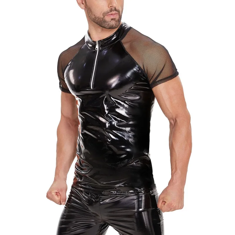 Plus Size Mens Shiny Leather Mesh T-shirt Glossy PVC Leather Short Sleeve Tees Male Crew Neck Shaping Latex Casual Coat Sexi