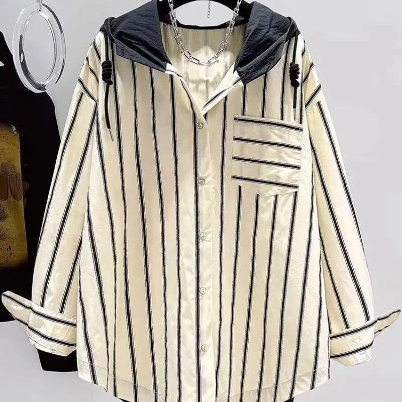 Women's Clothing Commute Striped Blouse Casual Hooded Spliced Stylish Drawstring Spring Autumn Contrasting Colors Pockets Shirt