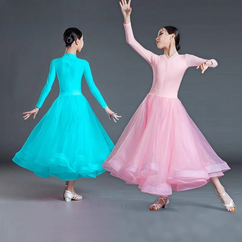 Nieuwe Latin danskostuums meisjes prestatiekostuums roze ballroom dansvoorstelling kostuums moderne dansrokken met lange mouwen