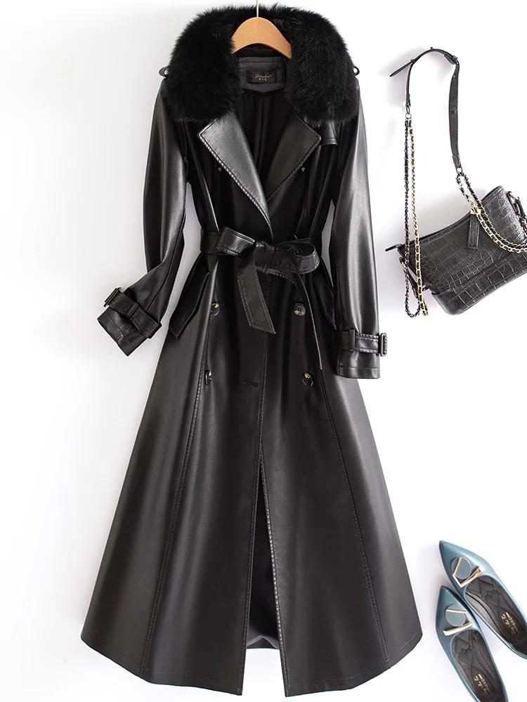 New Women Fox Fur Collar Cotton Liner Split Leather Coat Autumn Winter Fashion Double Breasted Slim Waist Long Trench Coat