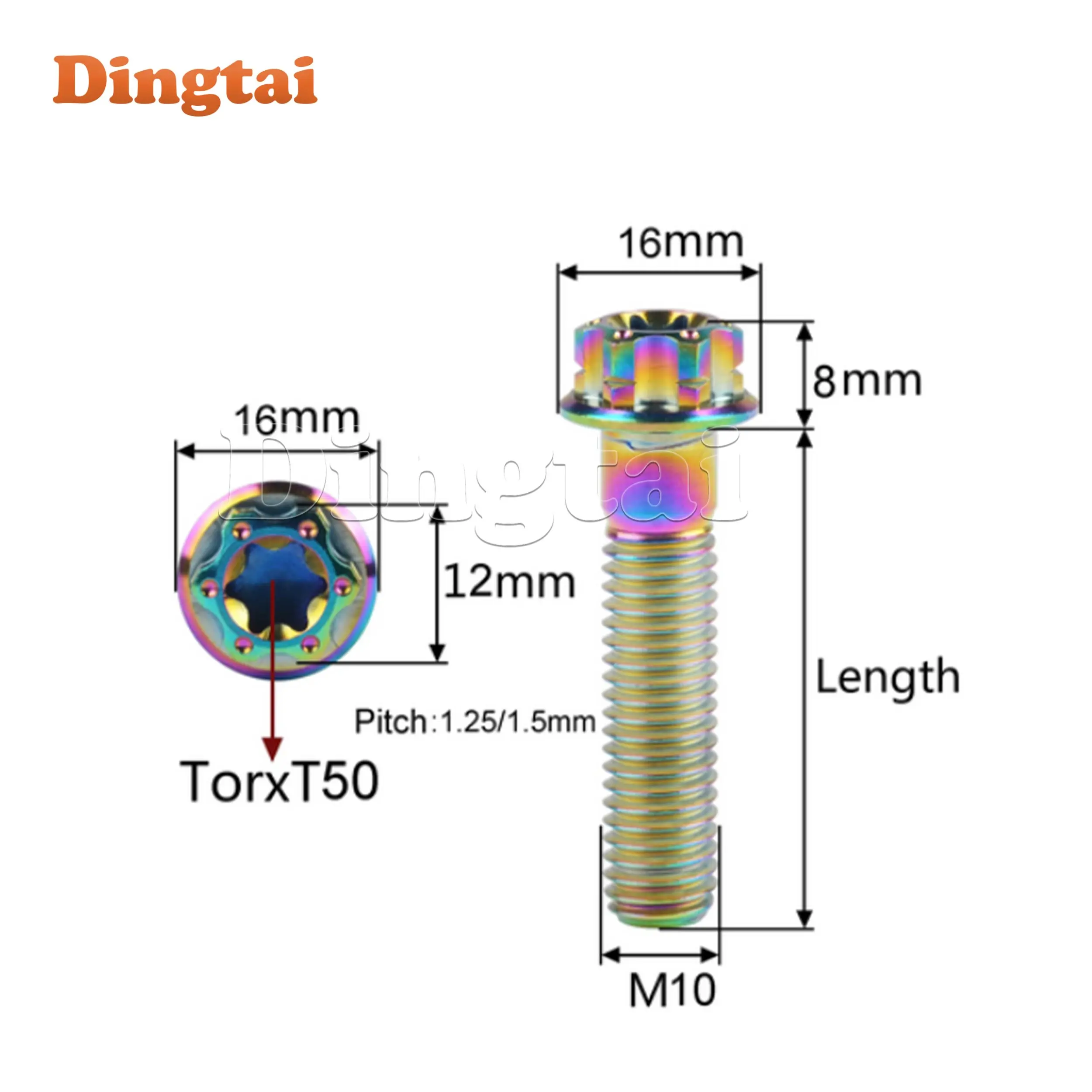 Dingtai Titanium Bolt M10x15—90mm  Pitch1.25/1.5mm Flange Screw Flange Torx T50 Screws Ti Fastener for Motorcycle Calipers Refi