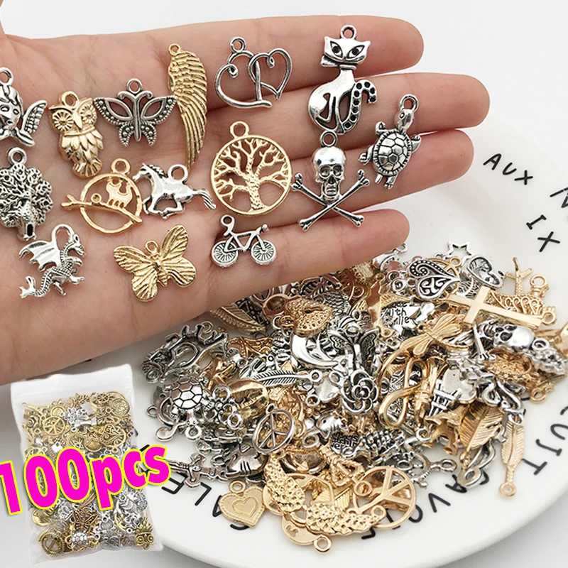 100pcs Mixed Vintage Metal Silver Animal Birds Charms Beads DIY Bracelet Pendant Neacklace Accessories Jewelry Making Findings