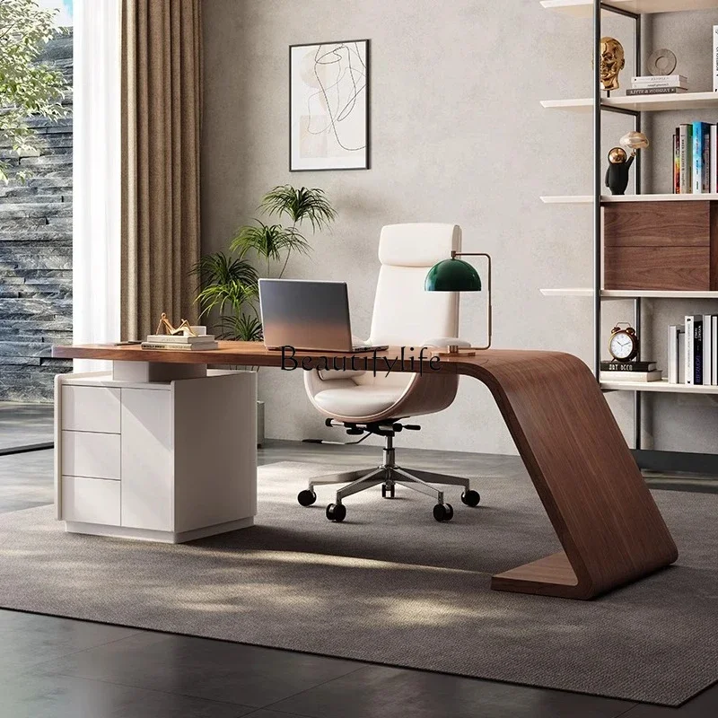 LJYWalnut solid wood Internet celebrity desk Italian minimalist with auxiliary cabinet computer desk retro style