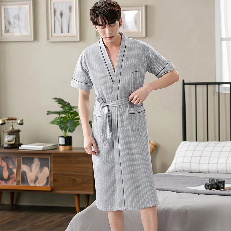 Summer Men Cotton Bathrobes Sleepwear Short Sleeve Cardigan V-Neck Long Robes Nightwear Male Home Clothes M-4XL Pijamas Hombre