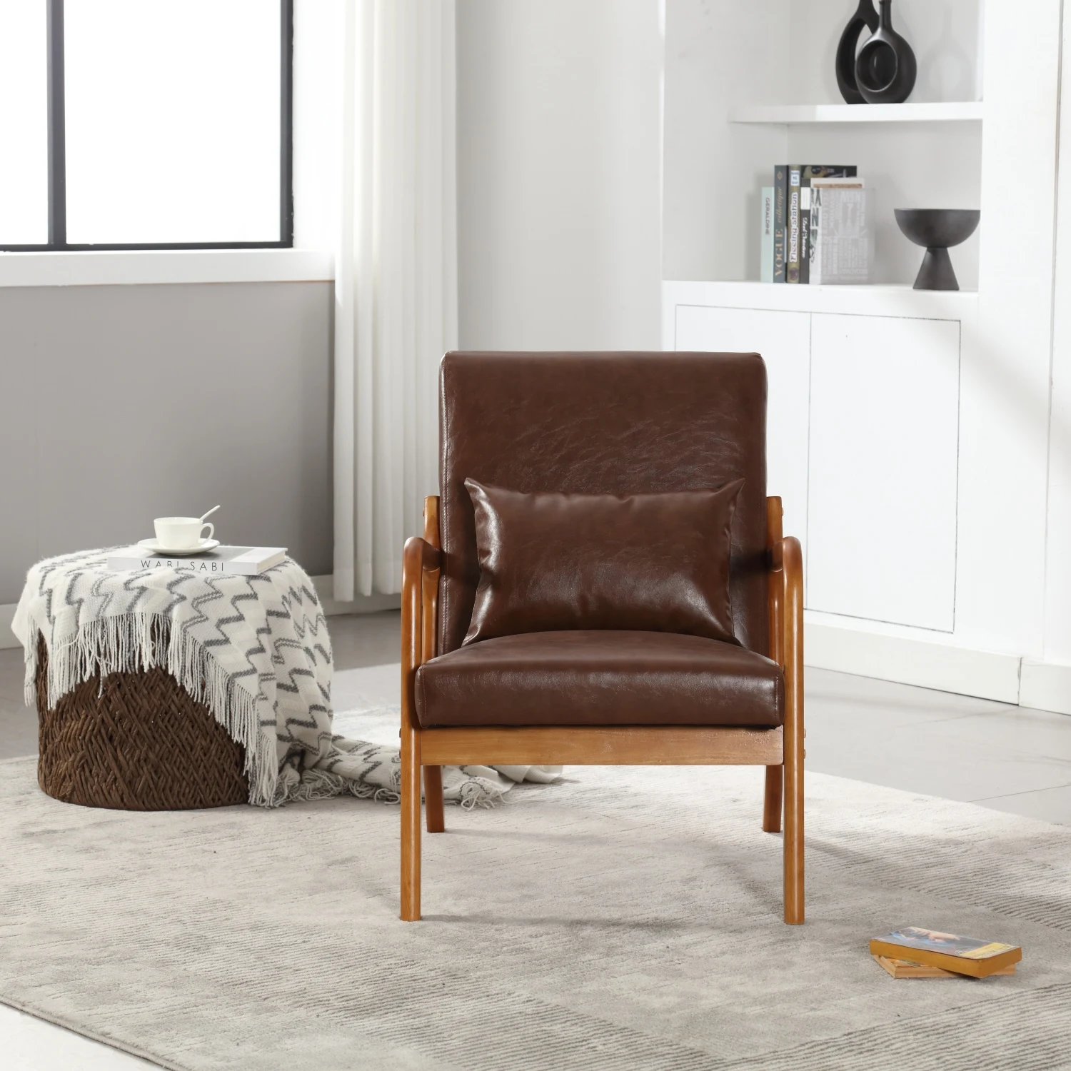 Coolmore Modern Accent Chair with Solid Wood Padding and One Pillow - Brown PU Fabric - Ideal for Living Room, Bedroom, Guest Ro