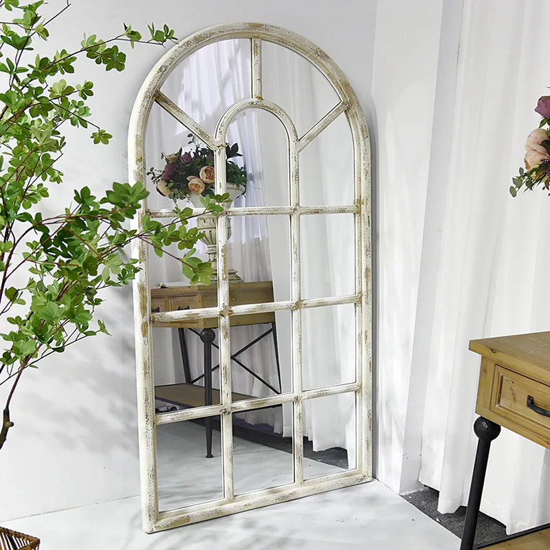 Wind retro old wooden frame floor mirror, arc arched false window full body mirror wall-mounted mirror