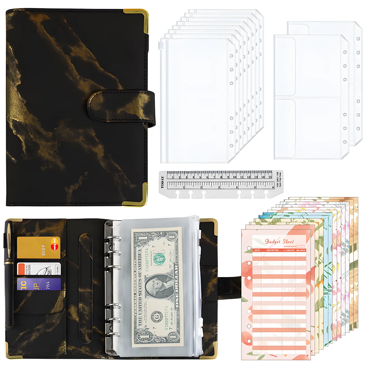 

PU Leather Budget Plan Binder A6 Handbook Budget Organizer with 12 Cash Seal Pockets for Cash Budget Savings Organization