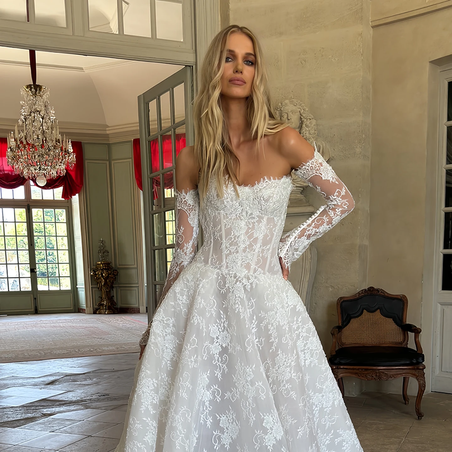 Sharon Said Sexy Lace Appliques Wedding Dress Long Sleeves Off Shoulder Vestido de Novia 2026 Corset Bridal SW225 Customized