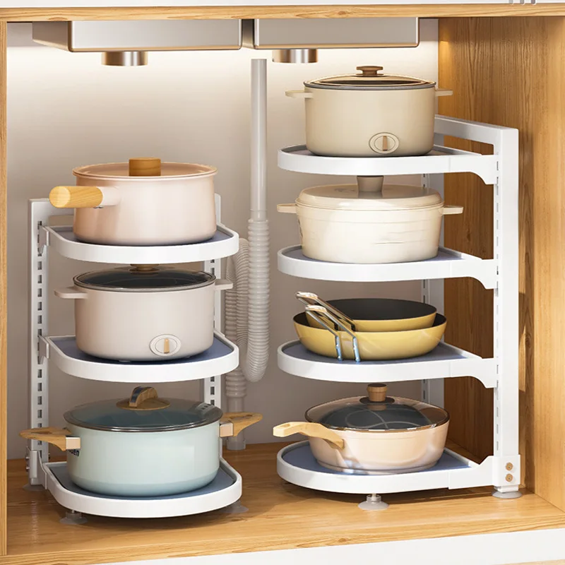 

Pot Rack Kitchen Countertop Pots and Pans Organizer Cabinet Multi-Layer Put Pot Rack Cabinet Under Sink Layered Pot Organizer