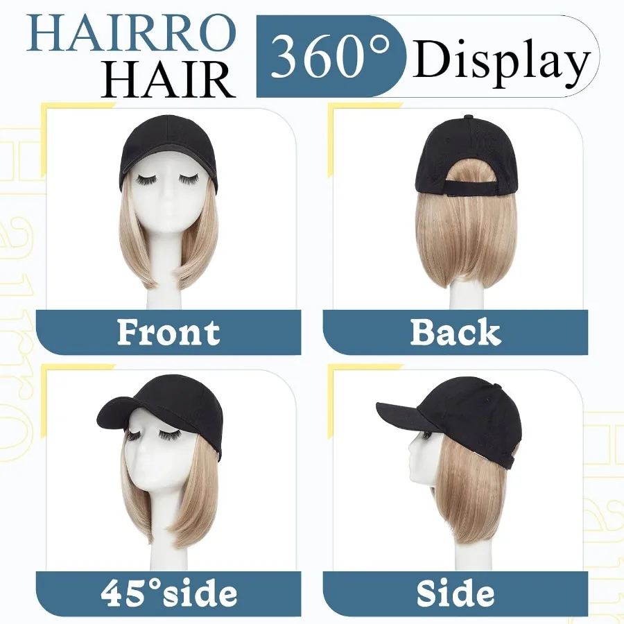 Hairro قبعة شعر مستعار قبعة بيسبول مع الشعر المرفقة قصيرة بوب قابل للتعديل قبعة الاصطناعية وصلات شعر للنساء شعر مستعار الكيماوي 11 170 جرام 8