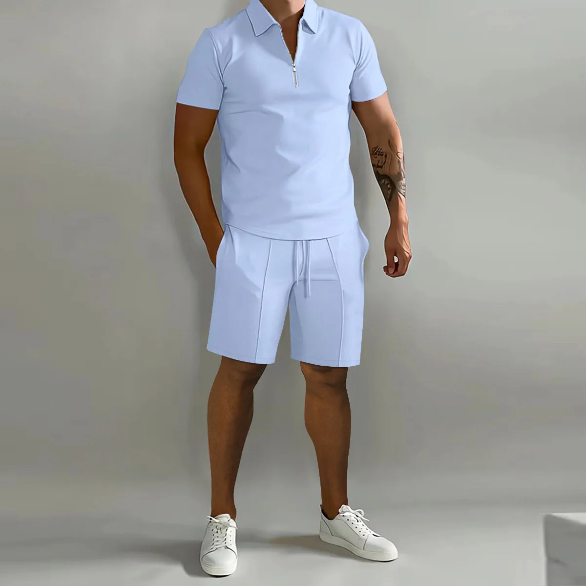 Costume Polo à Manches Courtes pour Homme, Couleur Unie, Pantalon à Bande Verticale, Décontracté, Ample, à la Mode