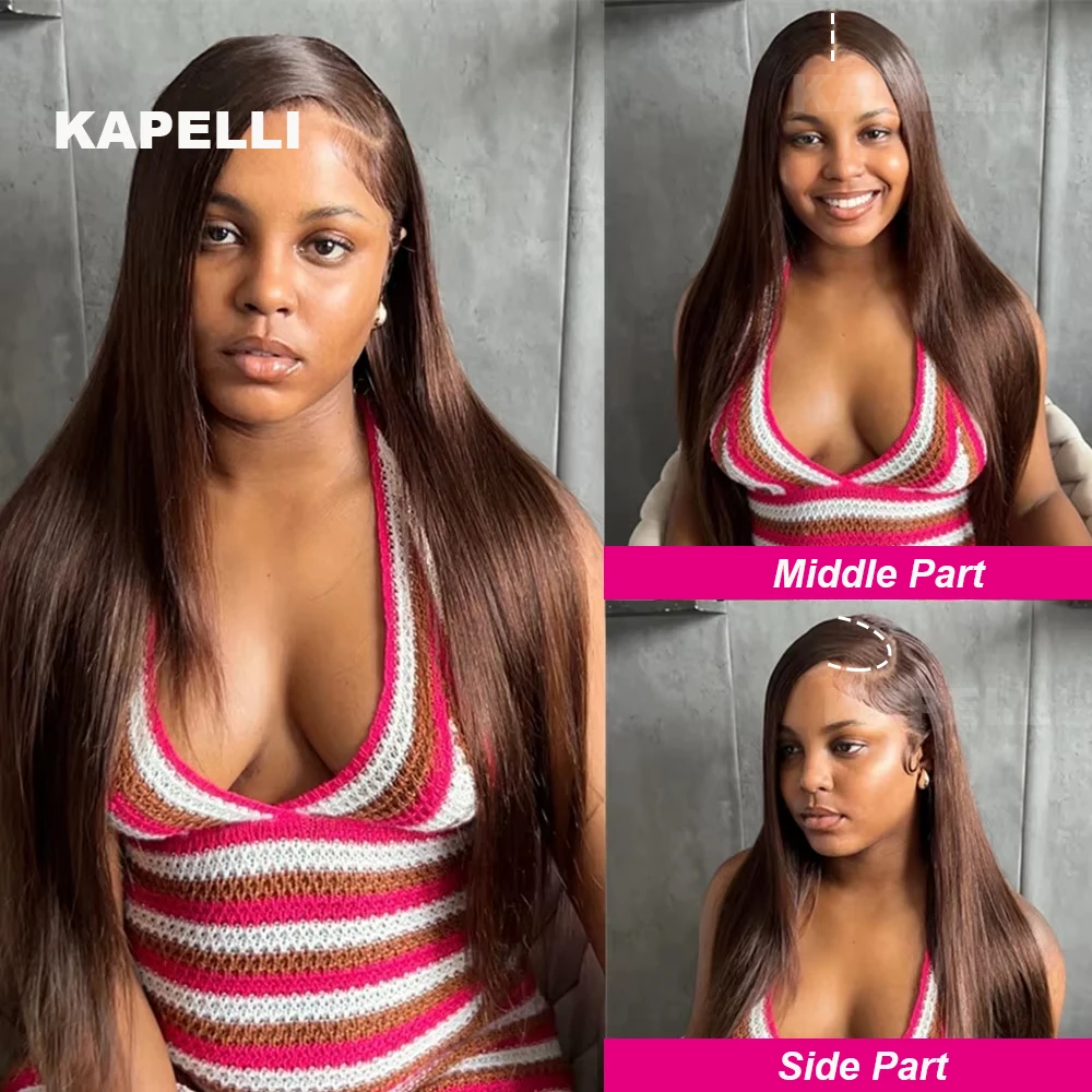 Human Hair Bundles with Closure Chocolate Brown Straight Bundles 100% Human Hair Weaving 4x4 13x4 HD Lace Frontal Hair Extension