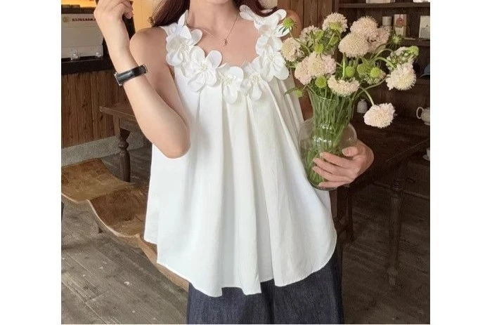 2026 Sweet Loose Solid Color Slimming 3D Flower Tank Top Sleeveless Top for Women