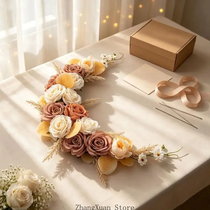 Dekorativer künstlicher Blumenkranz mit realistischen Seidenrosen für Party-Hintergrund, Herbst-Hochzeitstisch-Blumenarrangement – Detail 3