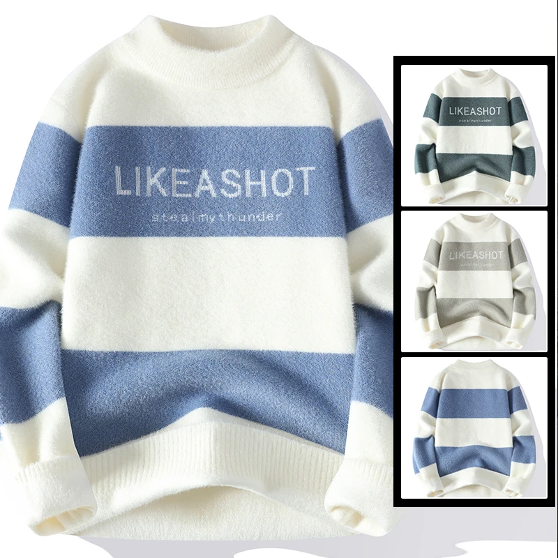 3 Color Sweater Men's New Crystal Mink Knitwear Fashion Vertical Striped Letter Print Pullover Comfortable Sweater