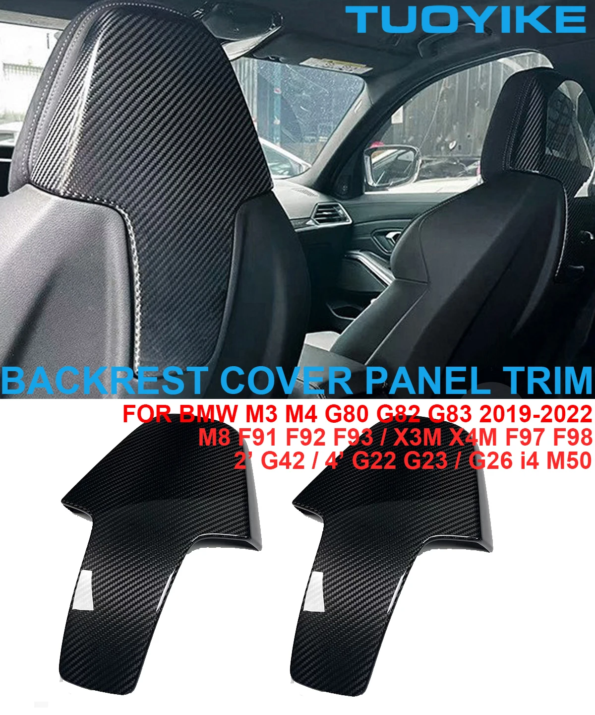 Car Real Dry Carbon Fiber Backrest Seatback Cover Panel For BMW M3 M4 G80 G82 M8 F91 X3M X4M F97 F98 G42 G22 G26 i4 M50 2019-22