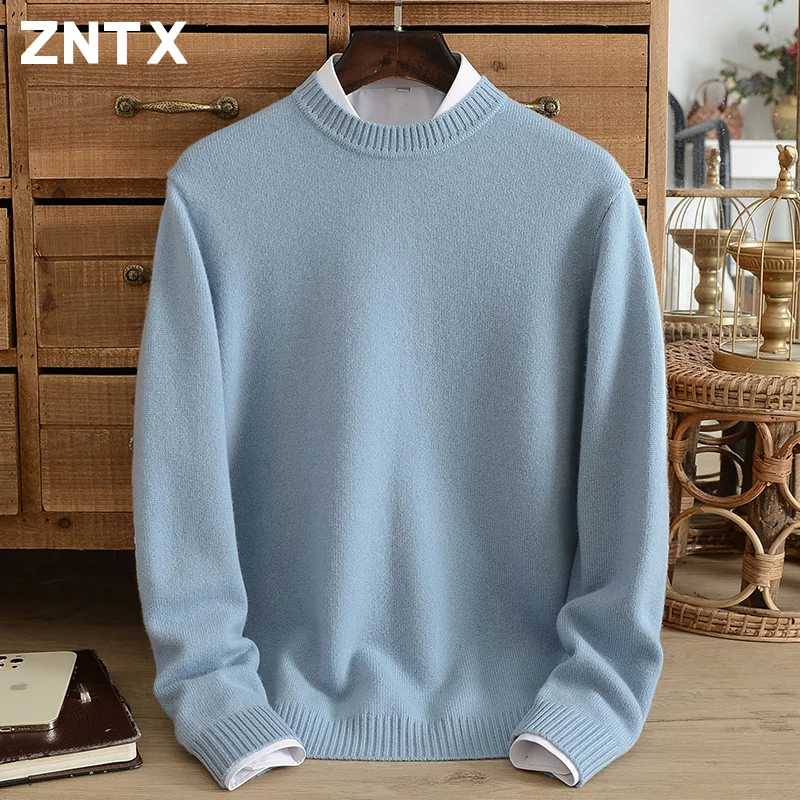 ZNTX Men's pure cashmere sweater warm thick autumn winter round neck solid color knit sweater men's casual youth dynamic fashion