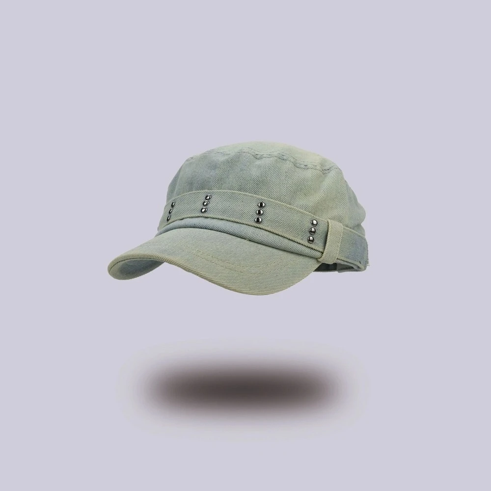 

Vintage Rivet Flat Top Hat Washed Denim Gothic Peaked Cap Visor Y2k Cadet Cap Outdoor